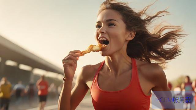 女子参加马拉松比赛边跑边吃